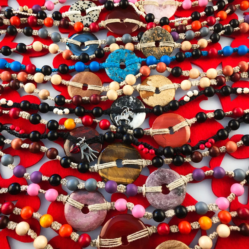 Leopardskin Jasper Natural Donut of Healing Spotted Jaguar Stone HOTI Hemp Necklace Brown Black Tan Wood Bead Gemstone Handmade Hand Crafted