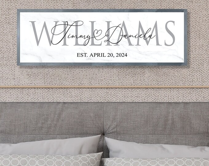 Personalized wedding gift-last name sign-engagement gift-master bedroom-established date-wedding date-hanging-wedding decor-Couple name sign