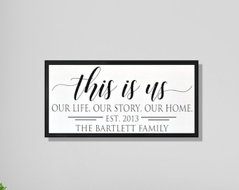 Family name sign, this is us wood sign, last name sign, family wall art, above couch decor, wood framed sign, wood family sign, housewarming