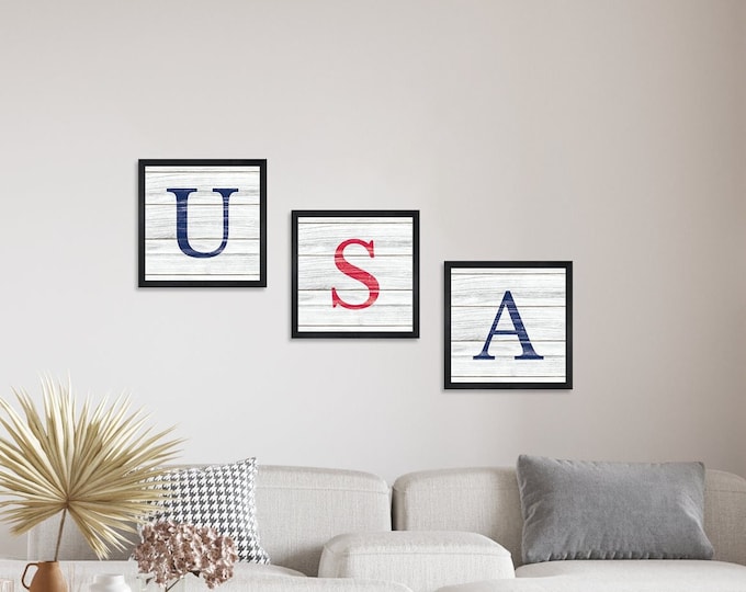 USA wood sign-USA set of 3 signs-wall art-shelf sitter-wood framed sign-housewarming gift-america wood sign-patriotic signs