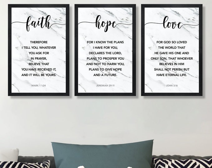 Faith Hope Love wall art-faith hope love set of 3-scripture wall art-living room decor-framed wall art-bible-scripture-above couch signs