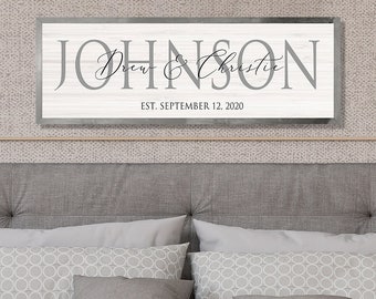 Master bedroom decor-reception decor-wall art-newlyweds-wedding photo prop-last name establish