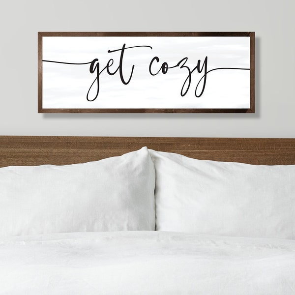 get cozy sign | bedroom wood signs | master bedroom wall decor | guest bedroom sign | sign for above bed | framed wood sign | wall art