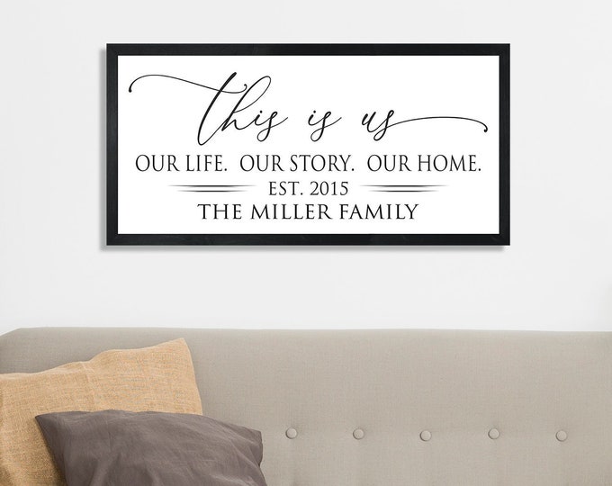 Family name sign-this is us wood sign-last name sign-family wall art-above couch decor-wood framed sign-wood family sign-housewarming gift