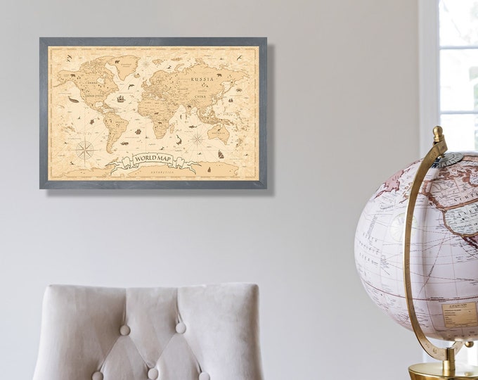 Vintage world map wall art framed-world wall art-geography wall art-classroom wall decor