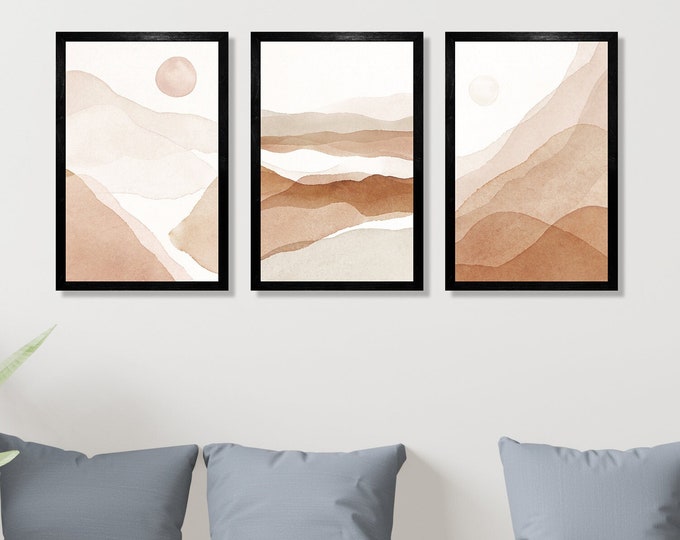 Desert landscape wall art-Framed desert art-desert landscape set-large living room wall decor-mountain sign-set of 3 prints-abstract art