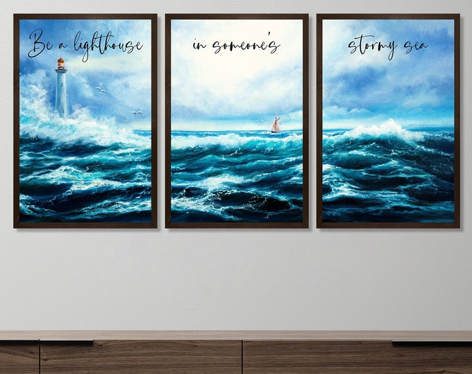 Be a lighthouse sign-wood wall art-set of 3 prints ocean art-ocean wall art-lighthouse art-set of 3 prints wall art