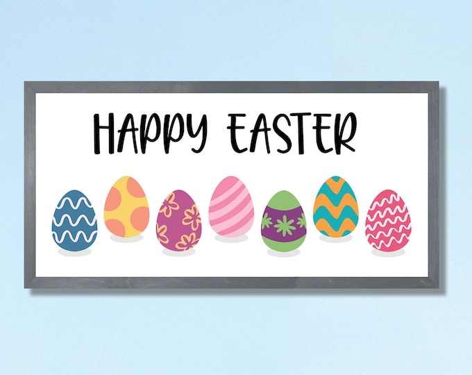 Happy Easter sign-easter decor-spring wall art-easter eggs-easter gift-grandma gift-easter bunny sign-paint eggs-spring decor