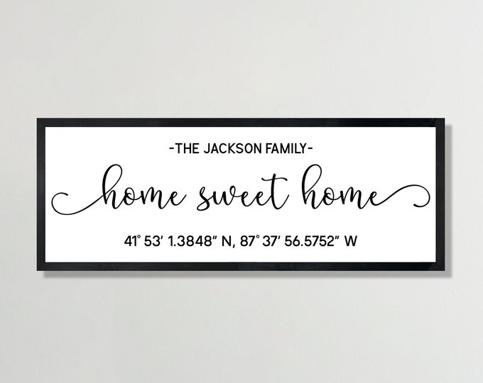 Home sign with coordinates-personalized home sign-Home sweet home sign for living room-family wall sign-family gift for family wood sign