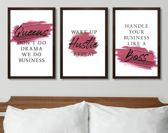 Queen quotes sign-new business owner gift woman-3 piece set-hustle quotes-boss quotes-motivational quotes-entrepreneur-wood framed sign