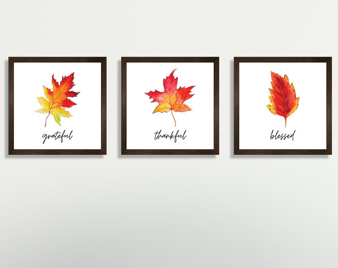 Fall wall decor-grateful thankful blessed signs-thanksgiving wall decor-thanksgiving wood signs-set of 3 fall prints-wooden signs-framed art
