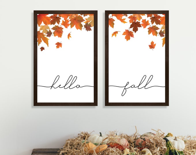 Hello Fall wood sign-autumn decor-fall home decor-set of 2-living room wall art-wood framed sign