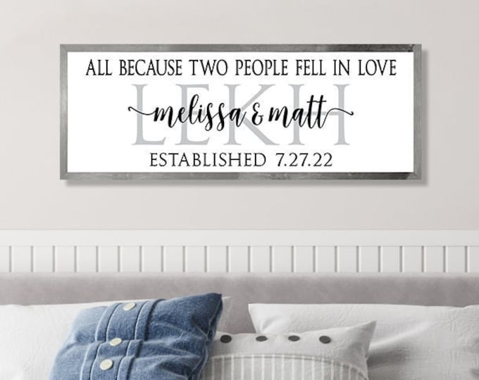 Master bedroom sign for over bed-all because two people fell in love sign-bedroom wall decor-wall art-wall sign-last name established sign