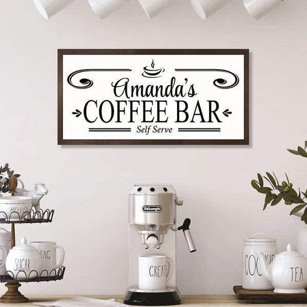 Coffee bar sign-kitchen decor-art-kitchen coffee station-personalized coffee sign-wooden-kitchen coffee theme-coffee lover's gift-bar shelf