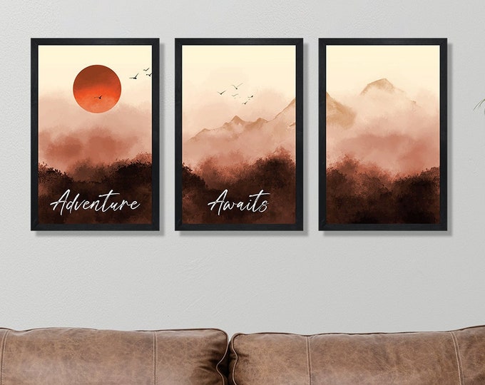 Framed landscape wall art-adventure awaits sign-mountain sign-set of 3 prints-forest wall art-woodlands wall decor-terracotta wall art