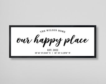 Our happy place home sign-home coordinates sign wood-new home gift ideas-realtor closing gift-family gift-wood established sign