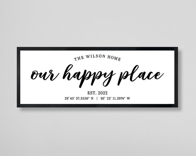 Our happy place home sign-home coordinates sign wood-new home gift ideas-realtor closing gift-family gift-wood established sign