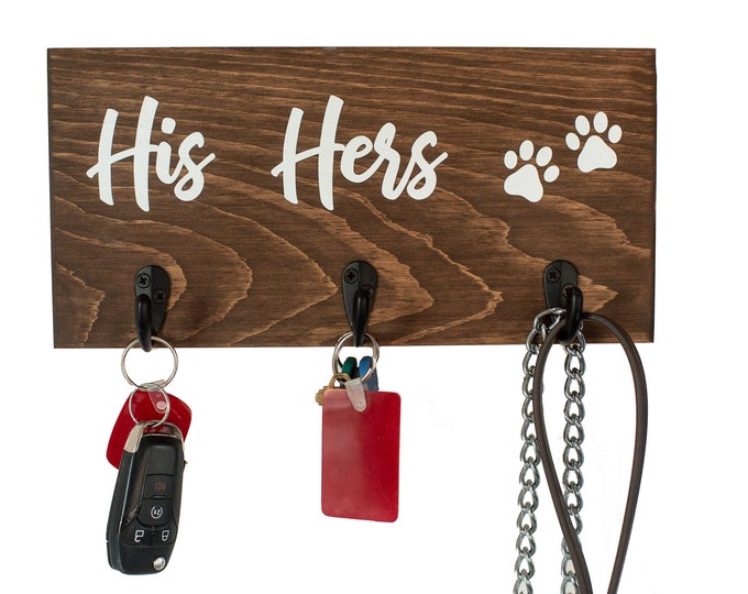 His hers dog key holder-key and dog leash holder for wall-His and hers key hook-with dog-leash and key holder-his hers paw-dog lover gift