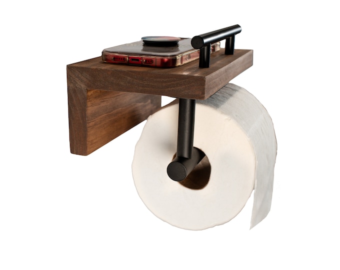 Wood toilet paper holder with shelf-farmhouse bathroom toilet paper holder-wall mount tp holder-toilet paper shelf