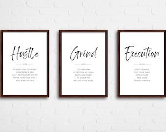 Motivational wall art-framed office decor wall art-inspirational signs-framed signs-hustle grind execution-inspirational wall art-positive