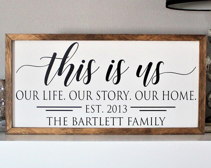 Family name sign, this is us wood sign, last name sign, family wall art, above couch decor, wood framed sign, wood family sign, housewarming