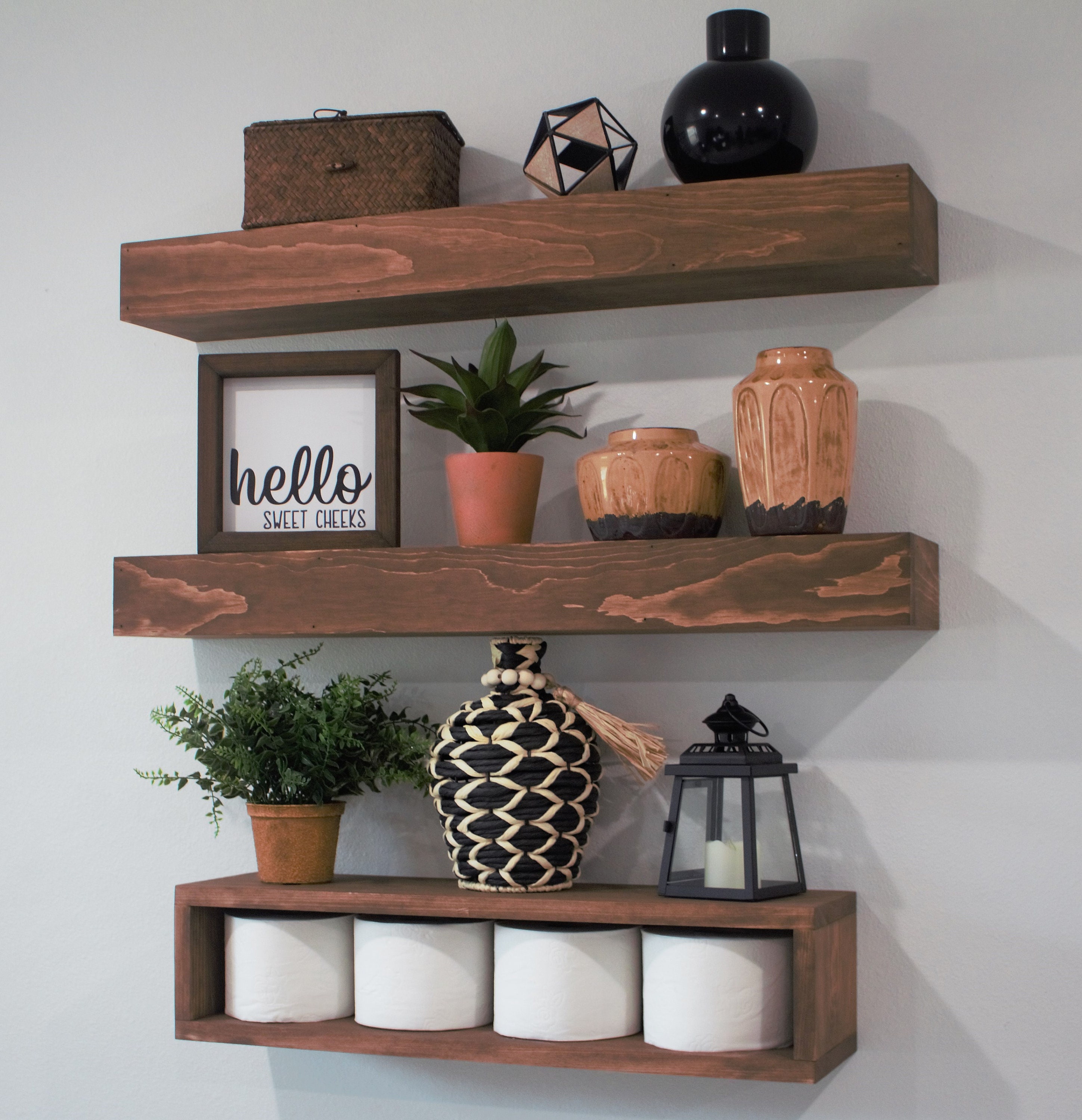 floating shelves in bathroom