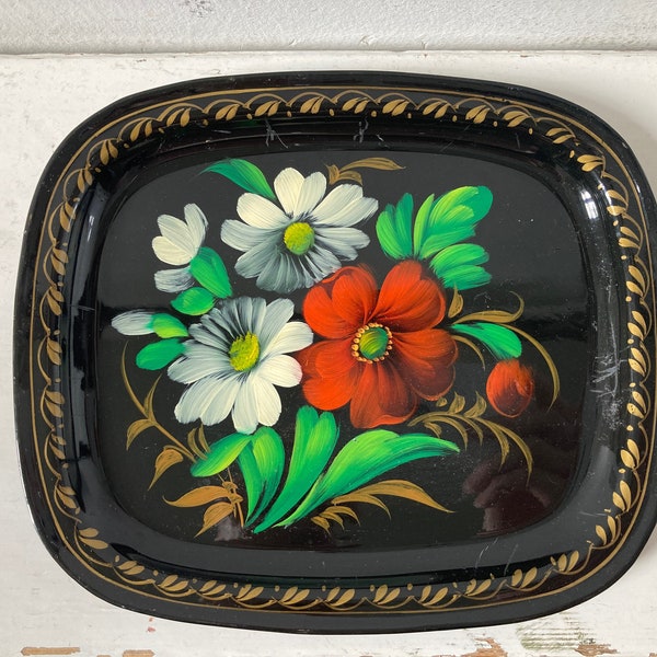 Vintage Russian hand painted floral metal tole tray 1960s 1970s handbemalt Tablett Russland russisch