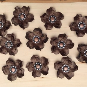 May include: Twelve brown leather flower embellishments with copper-toned centers. Each flower has five petals and a circular center with a raised design.
