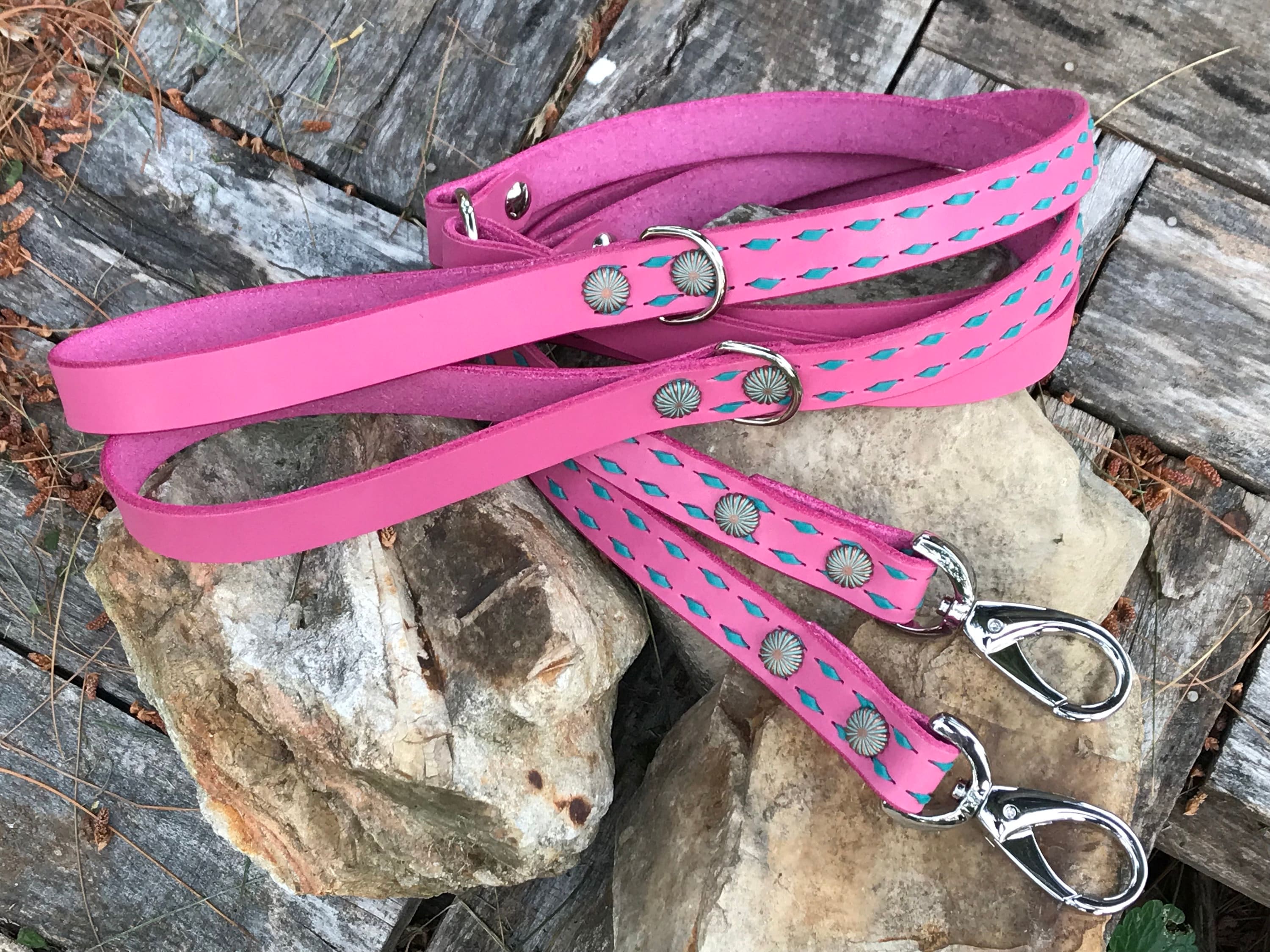 Pink Leach Bubble Gum Pink Leather Dog Leash. Pink and Turquoise Buckstitch Dog ...
