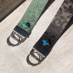 Genuine Leather Western Keychain. Embossed Leather Keychain. Western Leather Keychain with Turquoise accent. image 4