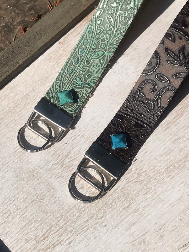 Genuine Leather Western Keychain. Embossed Leather Keychain. Western Leather Keychain with Turquoise accent. image 4