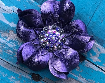 Metallic Purple leather flower concho. Saddle concho, tack concho. Bling dog collar concho