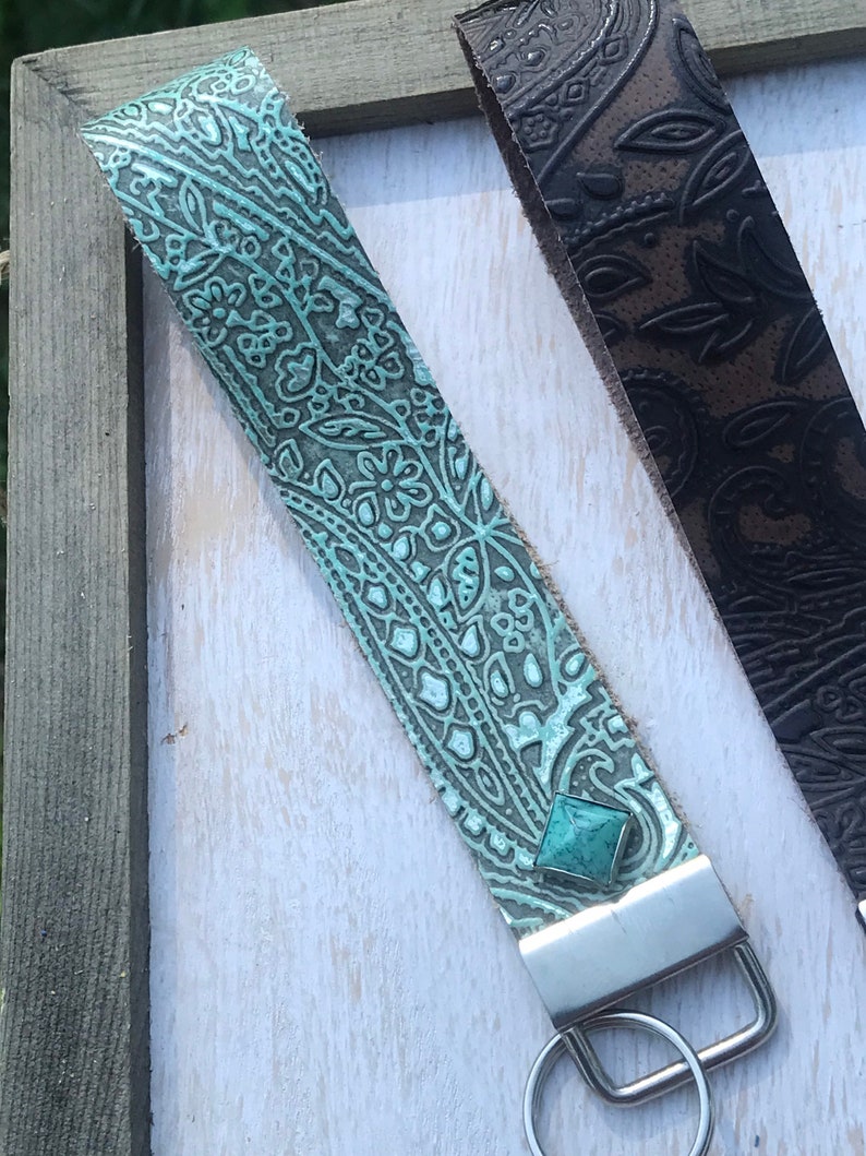 Genuine Leather Western Keychain. Embossed Leather Keychain. Western Leather Keychain with Turquoise accent. image 5