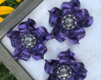 Metallic purple leather flower concho Purple saddle concho tack concho