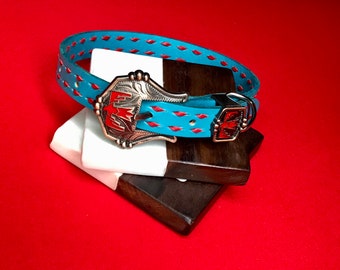 Turquoise Leather Thunderbird Buckstitch Dog Collar.