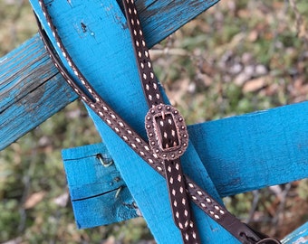 Chocolate Buckstitch Leather Split Ear Headstall. Dark Brown Headstall with Metallic Copper Buckstitch