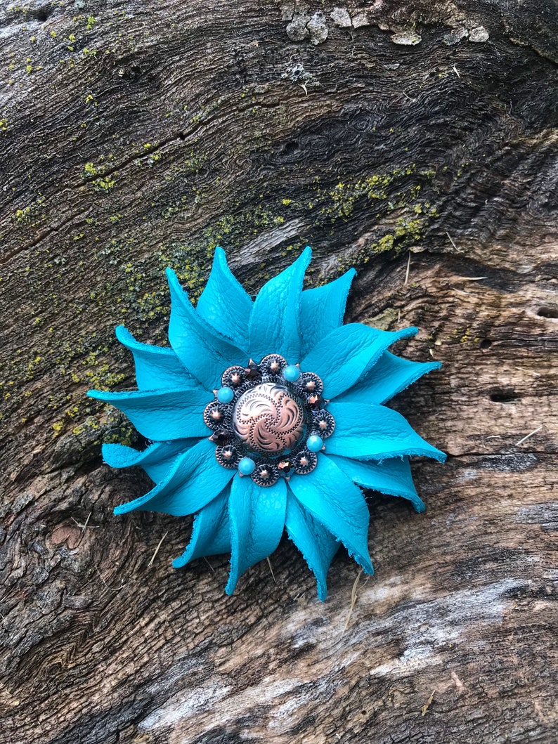 Turquoise Sunflower Leather Flower Concho Teal Leather Flower | Etsy