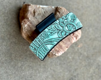 Pinza de pelo de cuero. Pinza con estampado paisley. Pinza para el pelo estilo western. Pinza para el pelo turquesa.