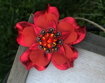 Flame metallic red and Fire Opal leather flower concho
