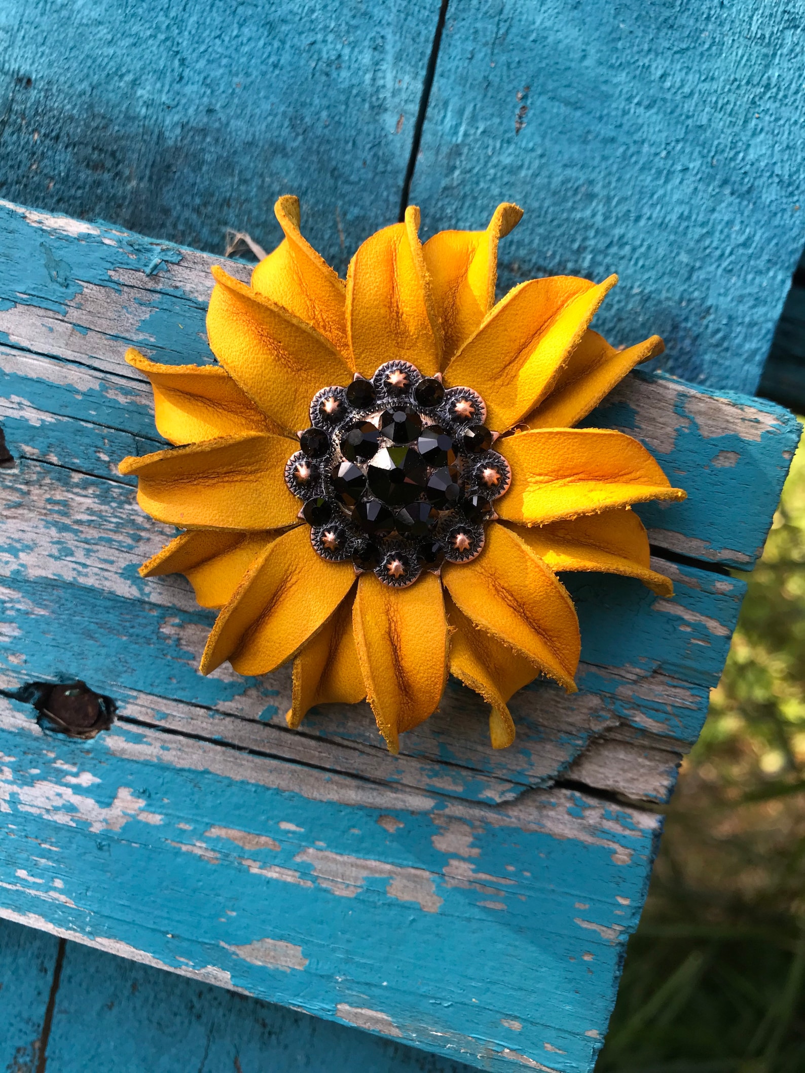 Sunflower leather concho. Leather Sunflower concho for tack Etsy