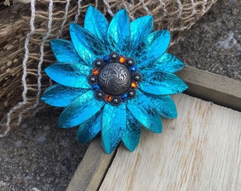 Metallic Turquoise Leather Flower Concho. Concho for tack, saddle conchos