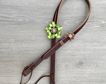 Chocolate Leather Split Ear Headstall with Lime Green Flower Concho