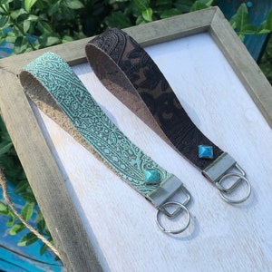 Genuine Leather Western Keychain. Embossed Leather Keychain. Western Leather Keychain with Turquoise accent. image 2