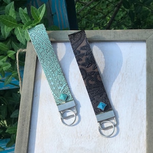 Genuine Leather Western Keychain. Embossed Leather Keychain. Western Leather Keychain with Turquoise accent.