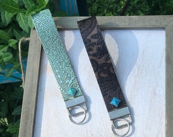 Genuine Leather Western Keychain. Embossed Leather Keychain. Western Leather Keychain with Turquoise accent.