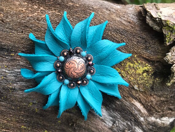 Turquoise Sunflower Leather Flower Concho Teal Leather Flower | Etsy