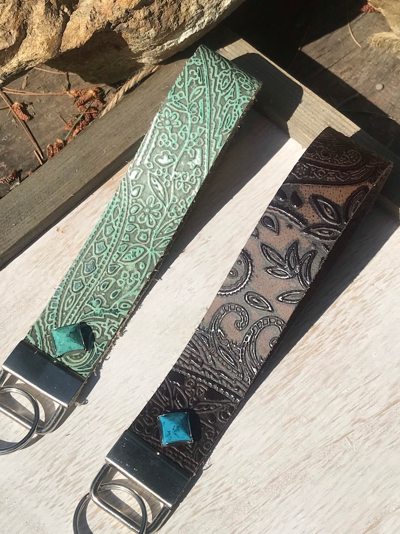 Genuine Leather Western Keychain. Embossed Leather Keychain. Western Leather Keychain with Turquoise accent. image 8