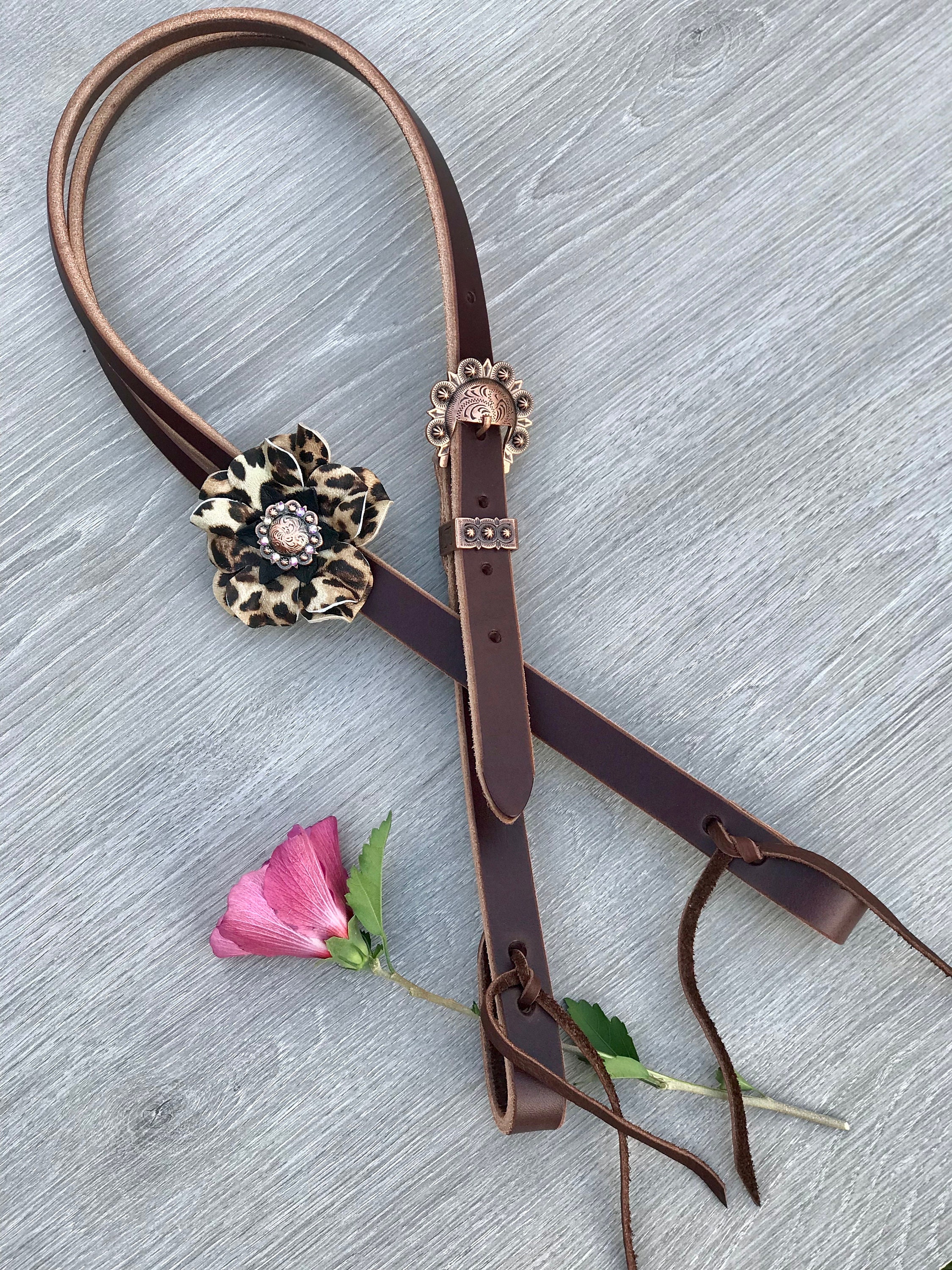 Chocolate Leather Split Ear Headstall with Cheetah Flower Concho. Cheetah Headstall