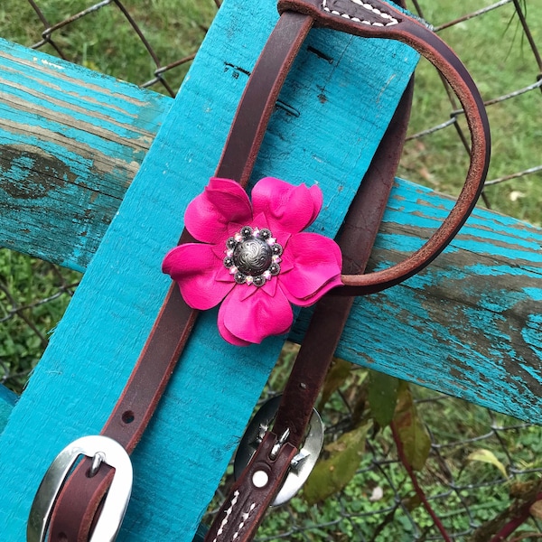 Pink Leather Flower Concho. Swarovski Crystal Bling Concho for tack, saddle conchos.