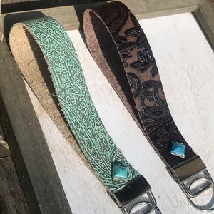 Genuine Leather Western Keychain. Embossed Leather Keychain. Western Leather Keychain with Turquoise accent. image 6